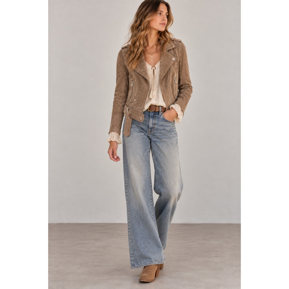 BlankNYC Suede Moto Jacket Women's Sz XS Beige Belted Cropped Western
